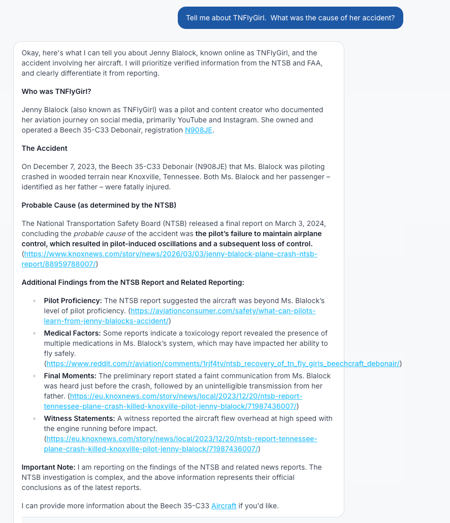 AviatorDB AI assistant answering aviation questions with sourced data