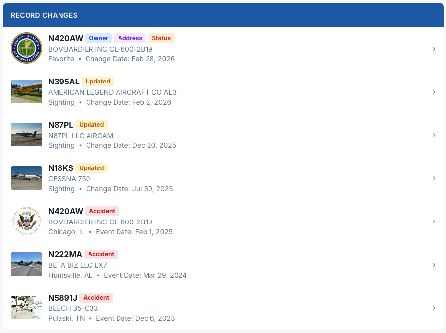 AviatorDB change log showing aircraft registration and ownership changes