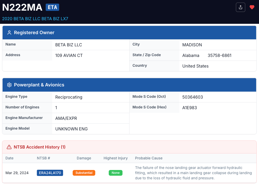 AviatorDB aircraft registry lookup showing owner, registration, and NTSB data
