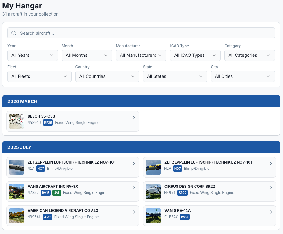 AviatorDB sighting log showing aircraft photo catalog with filters